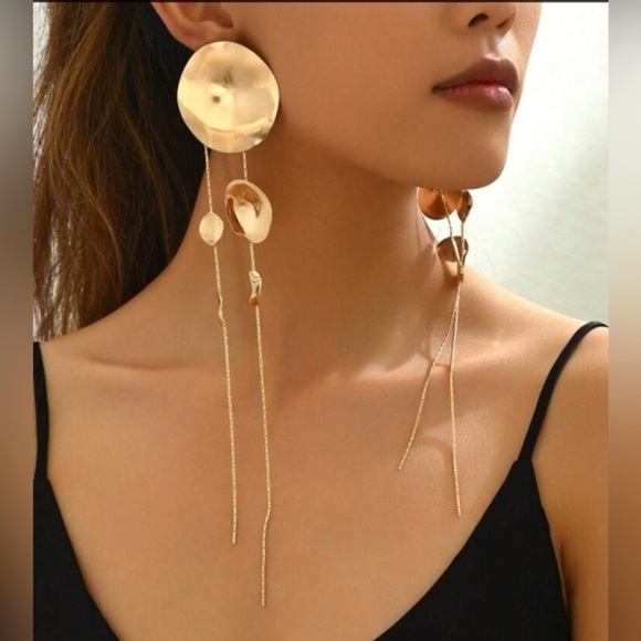 ✨NEW✨Elegant Gold Dangle Round Circle Disk Tassel Bold Tribal Statement Earrings - Picture 3 of 6